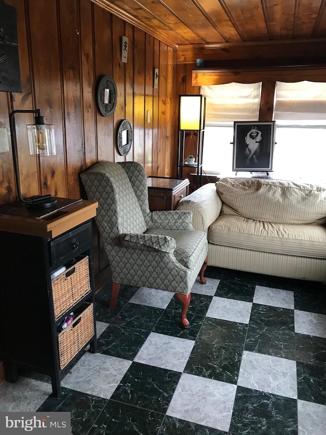 tiled living room featuring wooden ceiling and wood walls