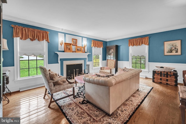 living room featuring a healthy amount of sunlight, ornamental molding, and light hardwood / wood-style flooring