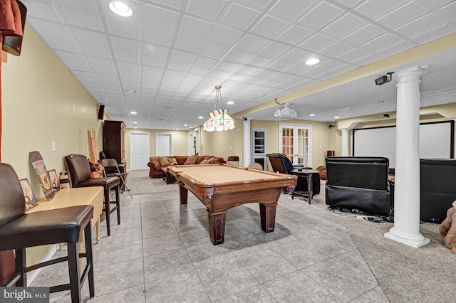 recreation room with decorative columns, pool table, french doors, and light tile patterned floors