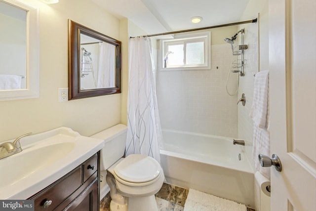 full bathroom with shower / bath combo, toilet, tile flooring, and large vanity