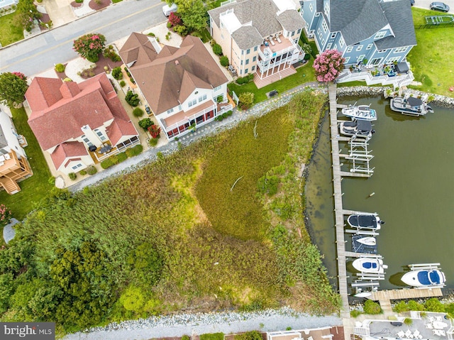 drone / aerial view featuring a water view