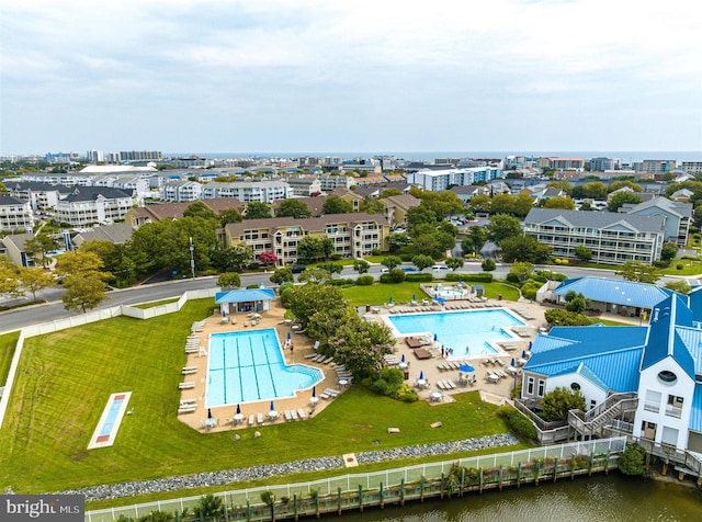 drone / aerial view with a water view