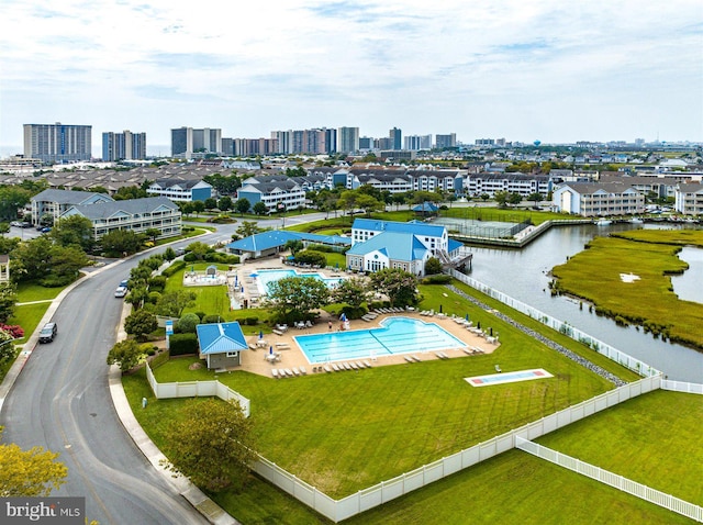 drone / aerial view featuring a water view