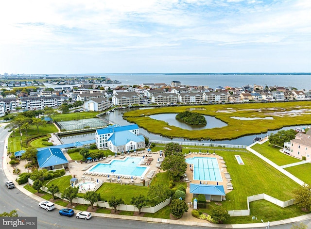 drone / aerial view with a water view