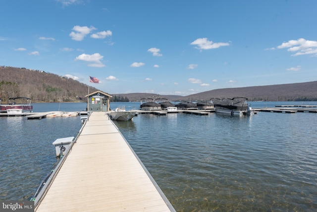 view of dock featuring a water and mountain view