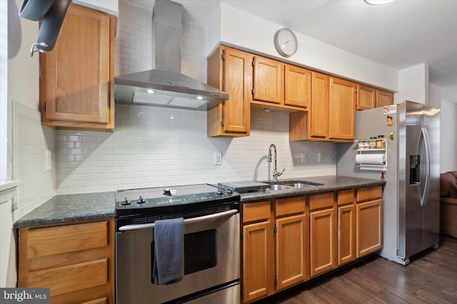 kitchen with wall chimney range hood, dark hardwood / wood-style flooring, backsplash, range, and stainless steel refrigerator with ice dispenser