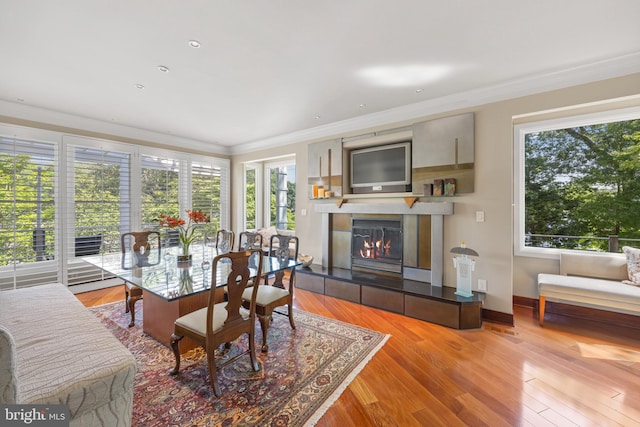 dining room featuring crown molding, a fireplace, and light hardwood / wood-style floors