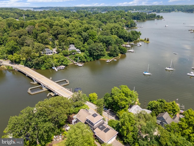 drone / aerial view featuring a water view