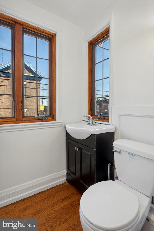 bathroom with vanity, plenty of natural light, wood-type flooring, and toilet