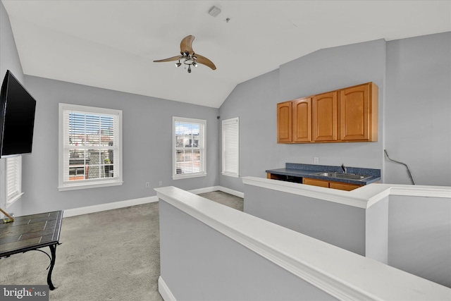 interior space featuring light colored carpet, sink, and lofted ceiling