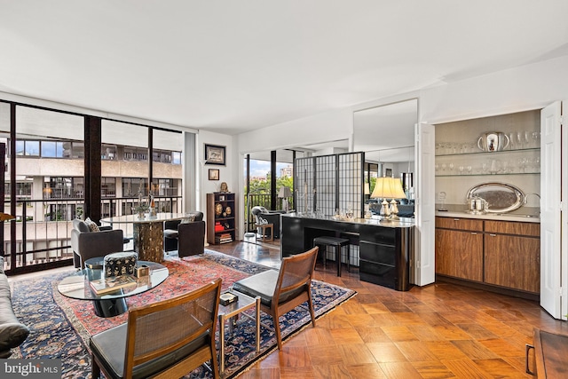 living room featuring light parquet flooring