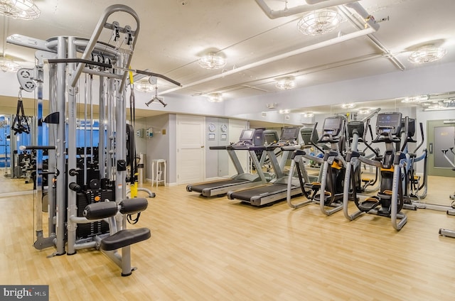 workout area featuring light hardwood / wood-style flooring