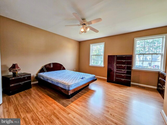 bedroom featuring light hardwood / wood-style floors and ceiling fan