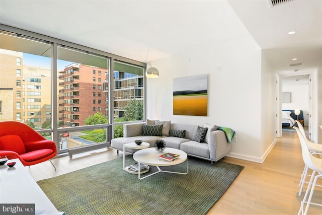 living room with light hardwood / wood-style floors and expansive windows