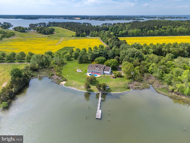 drone / aerial view featuring a water view and a rural view