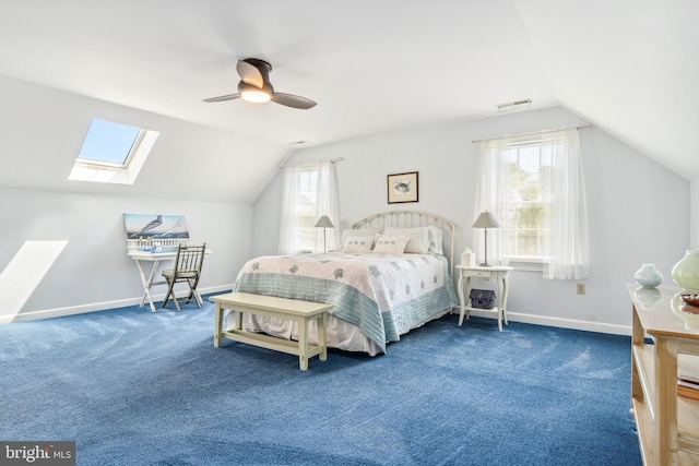 carpeted bedroom with lofted ceiling and ceiling fan