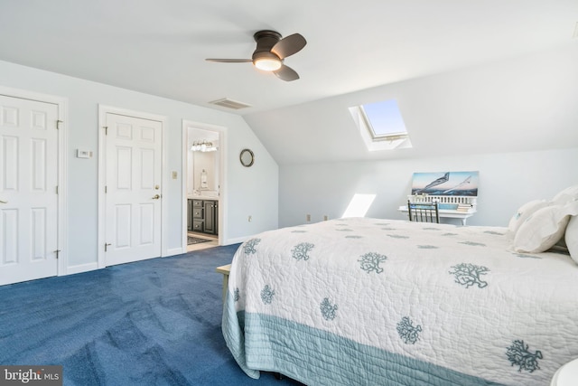 bedroom with ensuite bathroom, carpet flooring, multiple closets, ceiling fan, and lofted ceiling