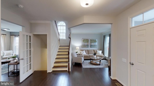 entrance foyer with french doors and dark hardwood / wood-style flooring