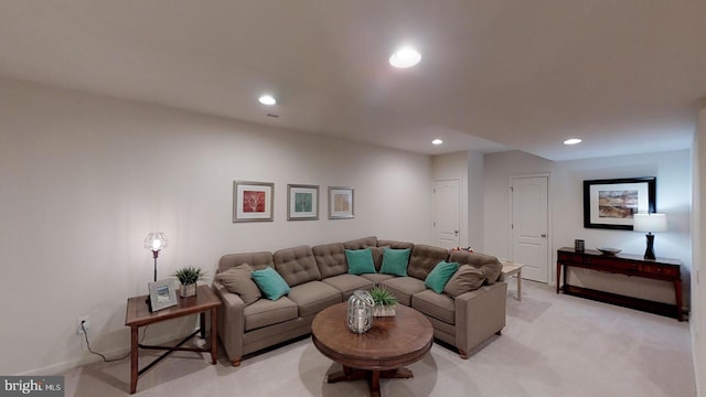 living room with light colored carpet