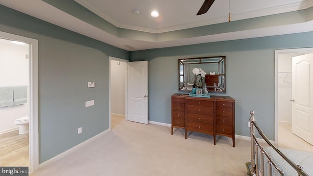 interior space with light carpet, ensuite bathroom, a spacious closet, a tray ceiling, and ceiling fan