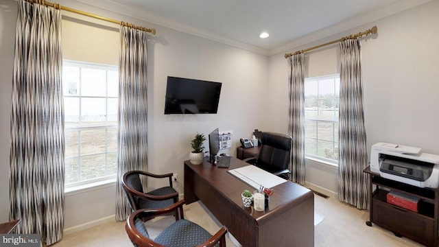 office area featuring light colored carpet, plenty of natural light, and crown molding