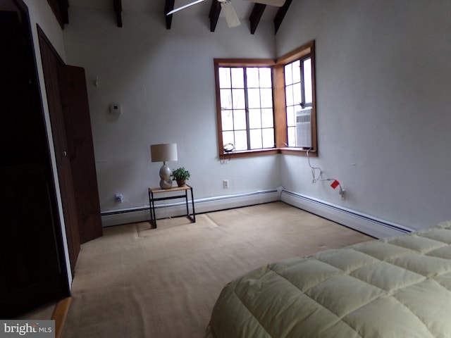 bedroom featuring vaulted ceiling with beams, cooling unit, light colored carpet, and baseboard heating