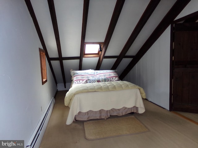 bedroom with a baseboard radiator and lofted ceiling