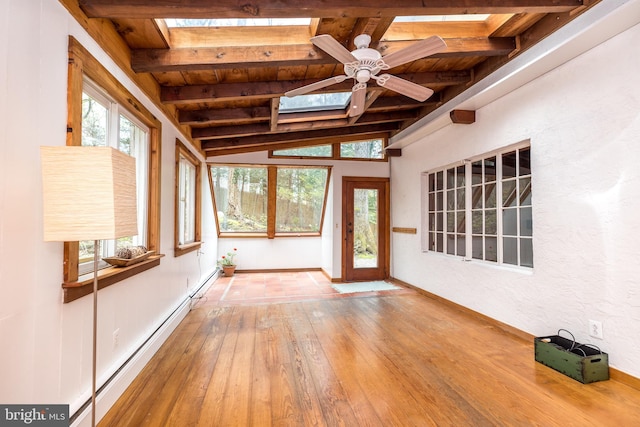 unfurnished sunroom with a baseboard heating unit, ceiling fan, wooden ceiling, and vaulted ceiling with skylight