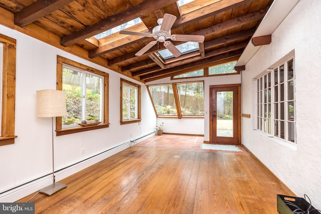 unfurnished sunroom featuring ceiling fan, lofted ceiling with skylight, baseboard heating, and wood ceiling