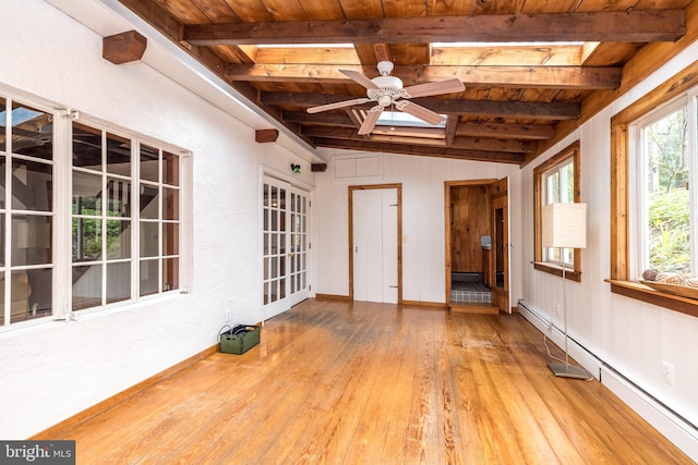 unfurnished sunroom featuring a baseboard radiator, ceiling fan, wooden ceiling, and vaulted ceiling with skylight