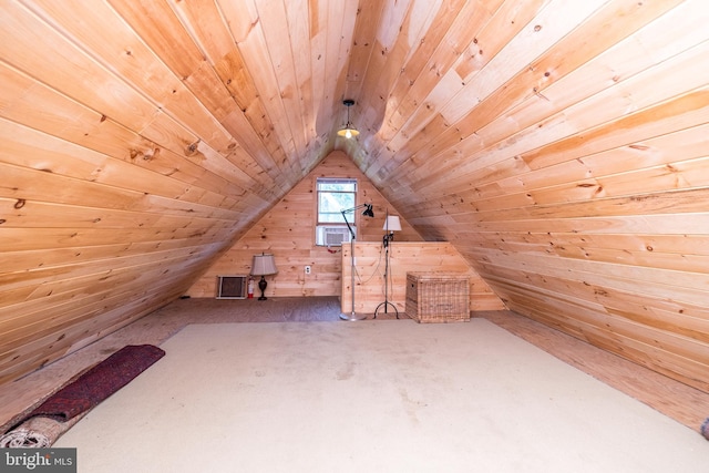 additional living space with wood walls, cooling unit, wooden ceiling, and lofted ceiling