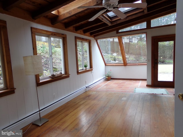 unfurnished sunroom with lofted ceiling with beams, wooden ceiling, ceiling fan, and a baseboard heating unit