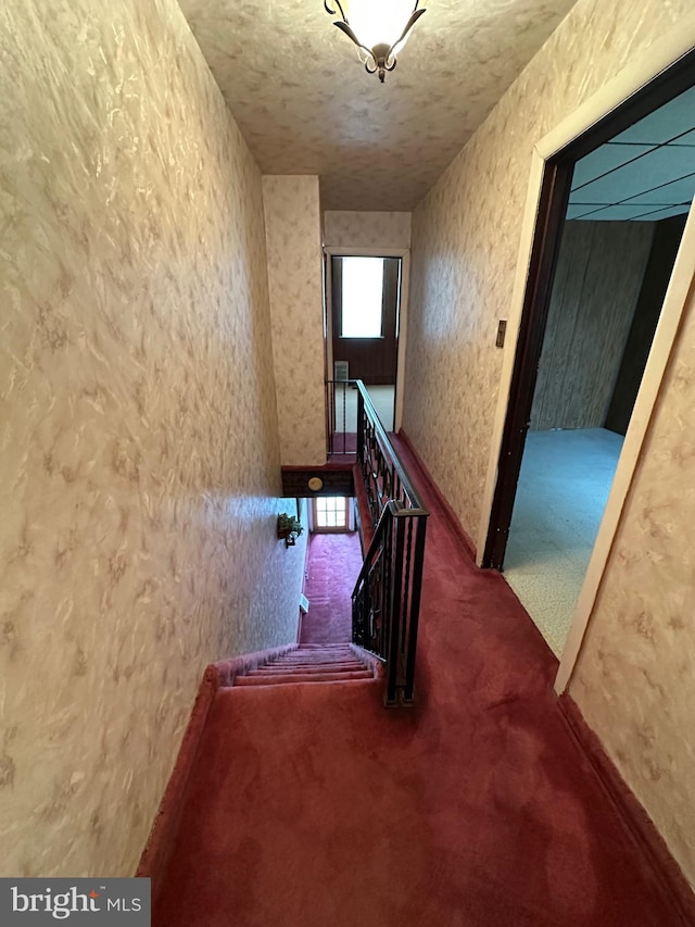 stairway featuring dark carpet