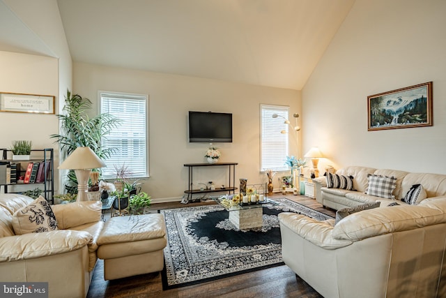 living room with high vaulted ceiling and dark wood-type flooring