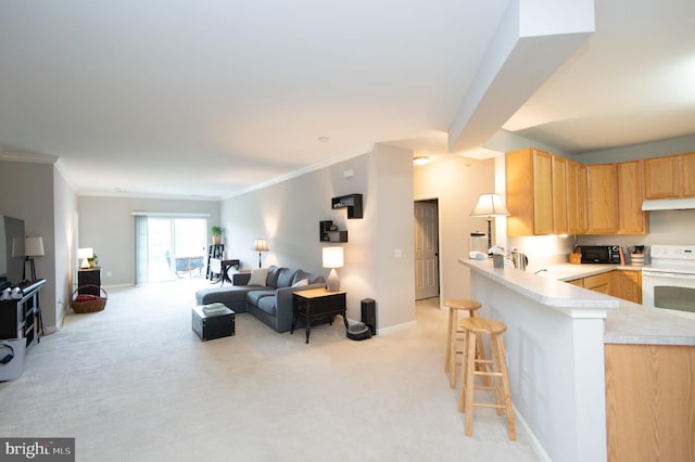 kitchen featuring crown molding, light carpet, white range with electric stovetop, and a kitchen bar