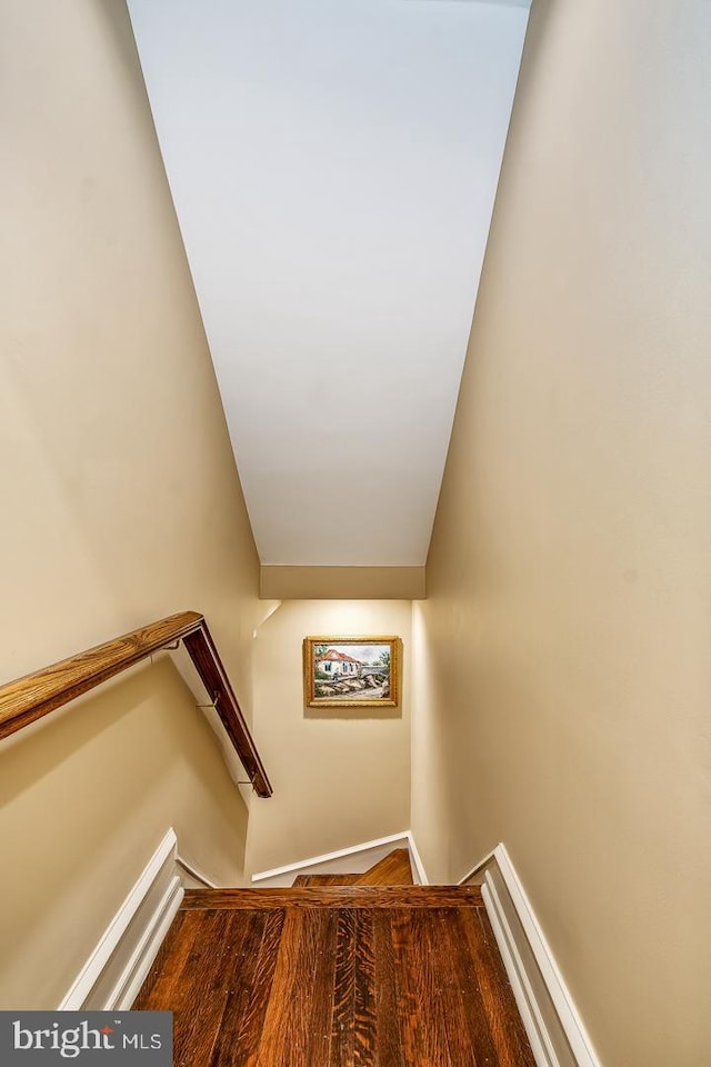 staircase with hardwood / wood-style flooring