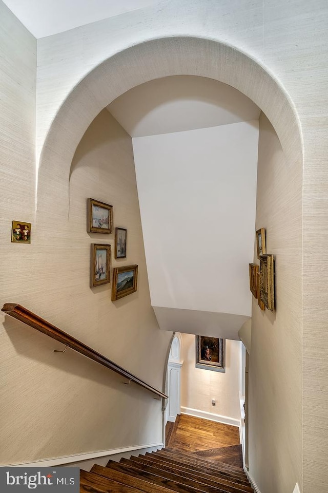 staircase featuring dark hardwood / wood-style floors