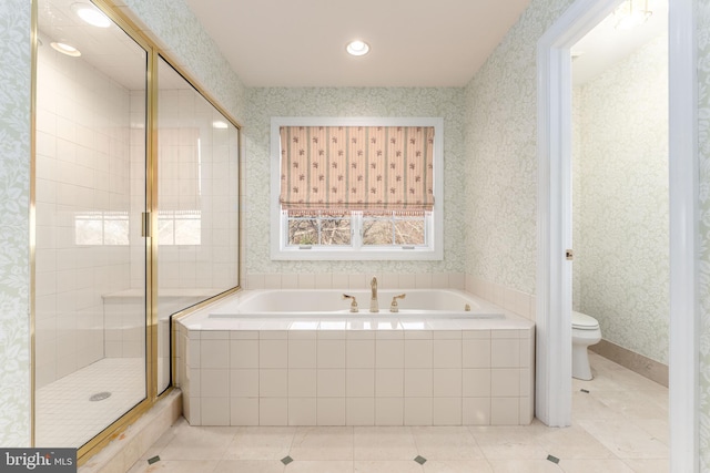 bathroom with separate shower and tub, tile patterned flooring, and toilet