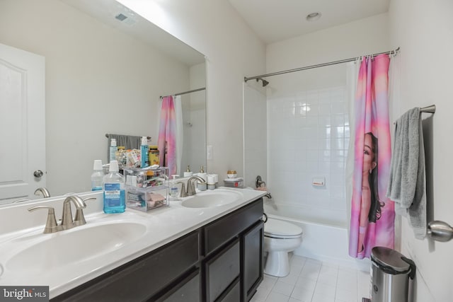 full bathroom featuring oversized vanity, shower / tub combo, double sink, tile floors, and toilet