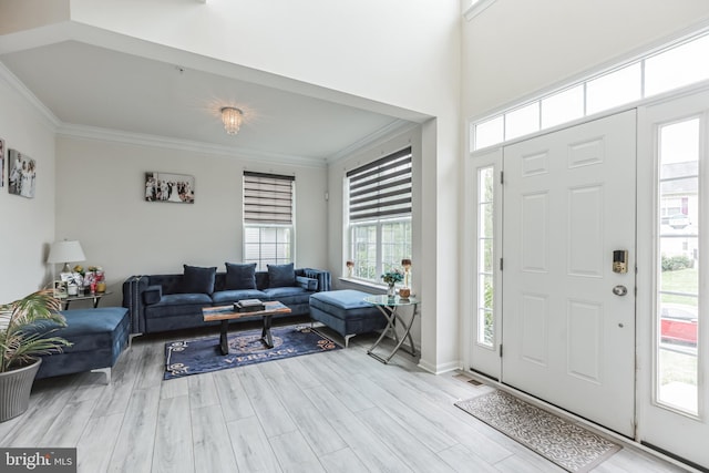 entryway featuring ornamental molding, plenty of natural light, and light hardwood / wood-style flooring