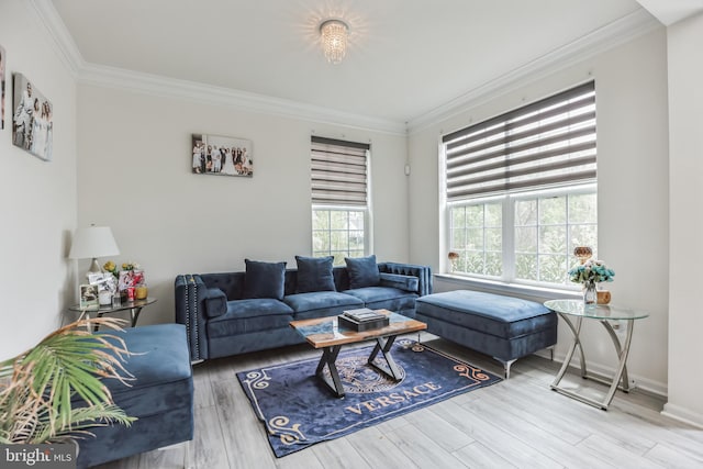 living room with light hardwood / wood-style floors and crown molding