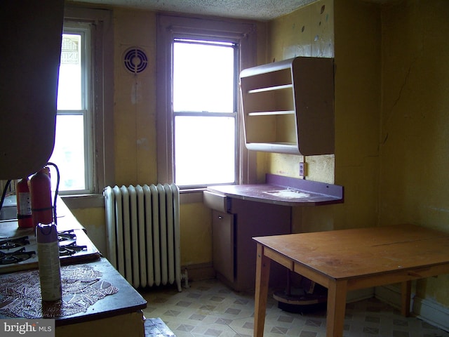 kitchen featuring a textured ceiling, radiator, and a healthy amount of sunlight