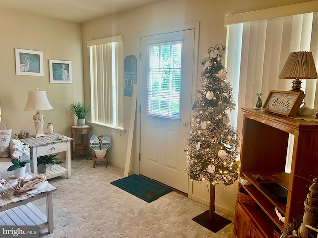 doorway to outside with baseboards and light colored carpet