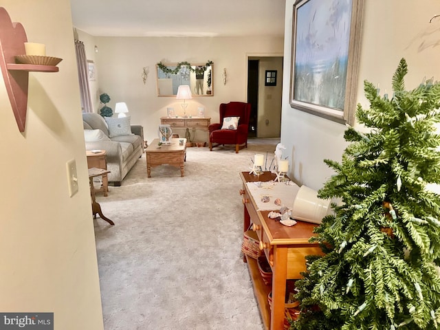 living area featuring light carpet