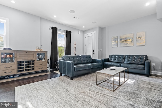 living room featuring dark wood-type flooring