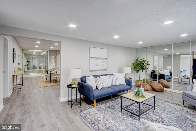 living room featuring a textured ceiling and hardwood / wood-style flooring