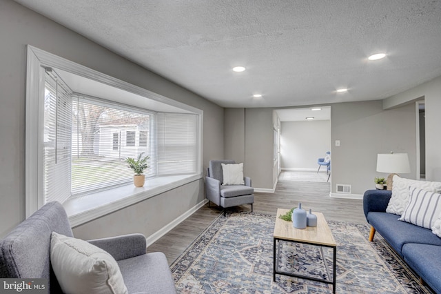 living room with a textured ceiling and hardwood / wood-style flooring