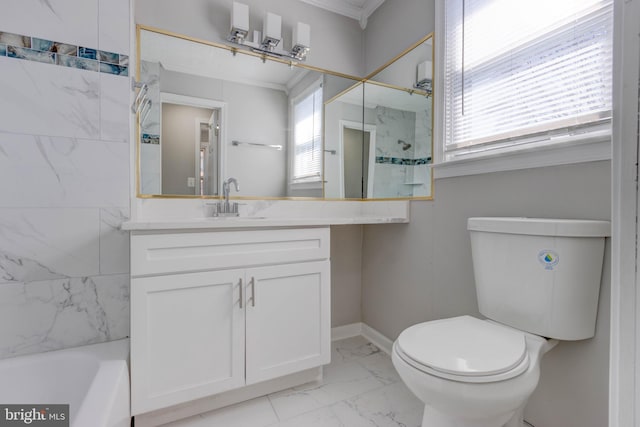 bathroom featuring toilet, vanity, and ornamental molding