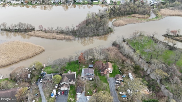 aerial view featuring a water view