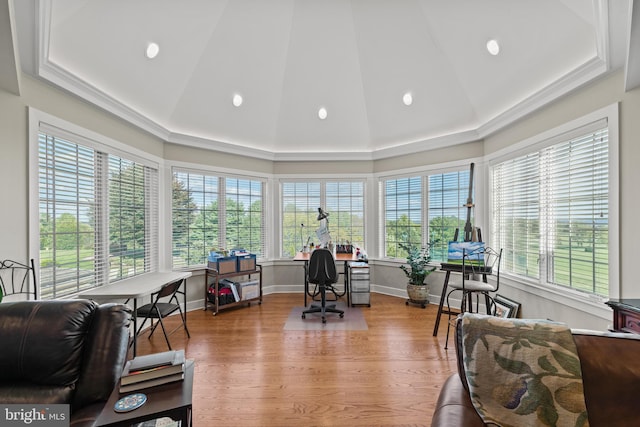 office area featuring lofted ceiling, a raised ceiling, dark wood-type flooring, and crown molding